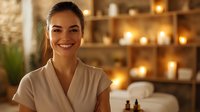 Young attractive woman in spa robe smiling at camera in luxury wellness center with candles and massage table background for relaxation treatments.