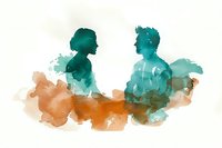 Watercolor silhouettes of couple in turquoise and orange tones show romantic connection, facing each other in artistic conversation. Emotional abstract art piece.