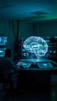 Scientist analyzing holographic brain projection in futuristic laboratory with advanced medical technology and digital interfaces for research applications.