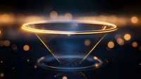 Glowing funnel shape with golden light ring and particle effects on dark background with bokeh lights, abstract digital art concept for data flow visualization.
