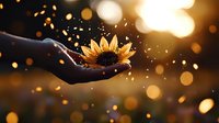Magical sunflower held in gentle hand with glowing bokeh lights and floating sparkles against dark background creates dreamy atmosphere for spiritual concepts.