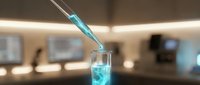 Laboratory pipette dispensing blue liquid into glass test tube in modern research facility for scientific experiments and chemical analysis.