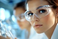 Young female scientist in protective eyewear examining laboratory glassware against blurred blue background. Professional research and scientific study concept.