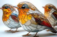 Geometric stained glass style robin birds with orange breast and gray wings in modern mosaic design. Artistic interpretation shows three decorative birds in focus.