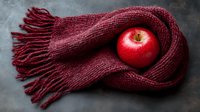 Fresh red apple on burgundy knitted scarf with fringe against dark background, moody autumn still life composition with dramatic lighting.