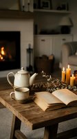 Cozy autumn evening scene with tea set, open book, candles and pine cones on wooden table near fireplace in modern living room for relaxation and hygge lifestyle.