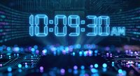 Digital clock display showing 10:09:30 AM on futuristic circuit board background with glowing blue lights and data streams for technology presentations.