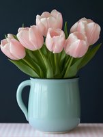 Fresh pink tulips arranged in mint green ceramic pitcher against dark background for spring home decor and floral arrangements.