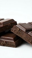 Dark chocolate pieces stacked and arranged on white background, showing rich cocoa texture and glossy finish. Suitable for food, confectionery, and culinary design projects.