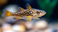 Spotted freshwater fish swimming in aquarium with blurred natural background. Close-up macro photography shows detailed scales and fins pattern.