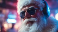 Modern Santa Claus with headphones and sunglasses in neon lights, enjoying nightlife with contemporary style for holiday advertising.
