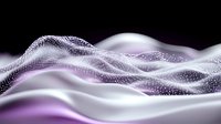 Abstract flowing waves with purple and white gradient particles creating dynamic digital landscape on black background for modern technology designs.