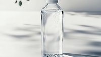 Clear plastic water bottle with pure mineral water on white surface, soft natural lighting creates gentle shadows and reflections highlighting freshness and purity.