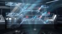 Futuristic holographic flowchart with glowing blue checkmarks and red crosses on transparent glass panels in a sci-fi interior setting.