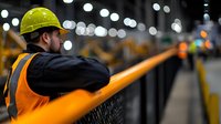 Male construction worker in safety helmet and high visibility vest looking along industrial handrail with blurred bokeh lights in background, workplace safety concept.