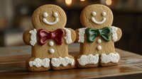 Cheerful gingerbread men cookies with bow ties and frosting decorations on wooden board, festive holiday baking with bokeh lights in background.