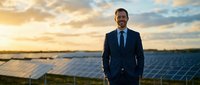 Professional businessman in dark suit standing confidently at solar panel farm during golden hour sunset, representing renewable energy leadership and sustainability.