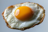 Close-up macro shot of sunny side up fried egg with crispy brown edges and bright orange-yellow yolk on light background, fresh breakfast food photography.