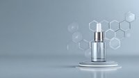Metallic cosmetic bottle on geometric podium with hexagonal molecular structure pattern background for luxury skincare product presentation.