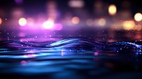 Abstract liquid wave surface with purple and blue glowing light effects, bokeh background creates magical atmosphere for luxury product presentation.