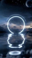 Glowing neon circle portal floating above calm water surface under starry night sky with cosmic atmosphere and ethereal light reflection for futuristic design.