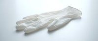 Pair of white latex or vinyl protective gloves isolated on white background, ready for design use on apparel, packaging, and marketing materials.