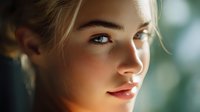 Young Caucasian woman with natural makeup and blonde hair in soft lighting, looking away with gentle smile. Close up portrait showing radiant skin and blue eyes.