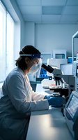 Female scientist wearing protective face shield working with microscope in modern laboratory conducting research and analysis.