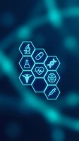 Medical science neon icons arranged in hexagons with microscope, pill, DNA, flask, heart, brain, syringe symbols on dark blue glowing background for healthcare and research projects.