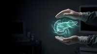 Hands protecting glowing digital brain hologram representing artificial intelligence, mental health care, neuroscience research and cognitive technology innovation.