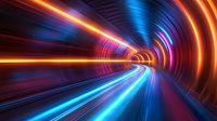 Abstract light trails in dark tunnel, blue and orange neon glowing streaks creating futuristic perspective with motion blur effect, speed movement background.
