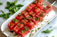 Fresh watermelon cubes on skewers garnished with chopped mint leaves and spices served on white rectangular plate, summer party appetizer.