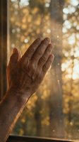 Elderly hands pressed together in prayer near a sunlit window with golden bokeh trees, evoking faith, hope, and spiritual peace.