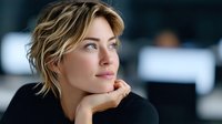 Professional businesswoman with short blonde hair in contemplative pose at modern office workspace looking thoughtfully into distance during workday.