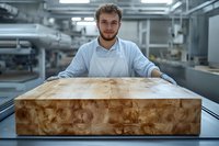 Young Caucasian male chef in white uniform standing behind large wooden butcher block in professional kitchen, displaying craftsmanship and culinary expertise.