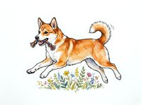 Playful corgi dog with tan and white coat jumping over wildflowers, isolated on white background. Suitable for pet-related designs, greeting cards, and apparel.