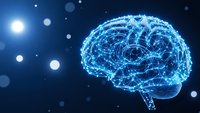 Digital brain network with glowing neural connections on dark blue background with light particles for artificial intelligence and technology concepts.