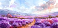 Dreamy lavender field landscape with winding path through purple flowers and distant mountains under colorful sunset sky.