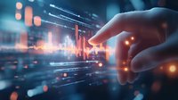 Futuristic finger touching digital graph interface with glowing data visualization and bokeh light effects in blue and orange tones, financial technology concept.
