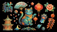 Maneki-neko lucky cat with fan, lanterns, and traditional Asian ornaments isolated on transparent background. Ready for t-shirt design, clipart, stickers, sublimation, and print-on-demand products.