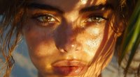 Close up portrait of young woman with wet hair and glowing sun-kissed skin at golden hour, natural beauty with freckles and intense gaze through palm leaves.