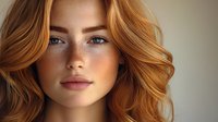 Young woman with wavy ginger hair, freckles, and blue eyes against neutral background, showcasing natural beauty for cosmetic advertising or fashion editorial.