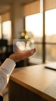 Business professional hand holding transparent family care icon in modern office environment with warm sunlight and bokeh background for insurance concepts.