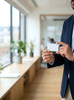 Professional man in business suit holding blank white business card in modern office with natural light and potted plants, suitable for corporate branding and networking concepts.