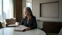 Professional blonde businesswoman in elegant black suit reading documents at modern office desk with city view background for corporate presentations.