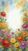 Watercolor chrysanthemum garden border with colorful blooms in red, orange, pink, purple and yellow, framing a soft white center copy space.