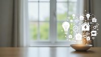 Smart home technology concept with IoT icons floating above wooden bowl on table near window for modern living automation and connectivity solutions.