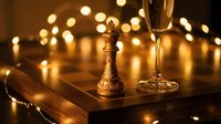 Elegant champagne flute and ornate golden candlestick on wooden surface with warm bokeh lights creating luxurious festive atmosphere for celebrations.