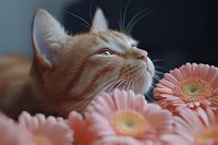 Ginger cat with curious expression sniffing pink gerbera daisies in soft focus. Close-up portrait showing whiskers and profile against blurred floral background.
