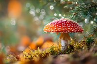 Vibrant red fly agaric mushroom with white spots growing in forest moss under pine branches with magical bokeh background. Perfect for nature photography.